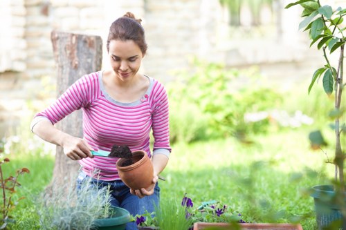 A young woman with dark hair tied back, wearing a pink and white striped long-sleeve top and blue jeans, is tending to a garden in a backyard. She is holding a terracotta pot and using a gardening trowel to plant or transplant flowers into it. The garden features a well-maintained grassy lawn in the foreground, with various potted plants and flower beds filled with purple, green, and other natural-toned plants. In the background, there is a wooden fence partially covered by leafy green plants and trees, creating a lush outdoor environment. The scene is lit by natural daylight, suggesting a mild, pleasant weather condition suitable for outdoor gardening activities. This setting reflects typical gardening and landscaping work, aligning with services offered by companies like Landscapers Willesden, who specialise in garden maintenance and outdoor improvements in London and surrounding areas.